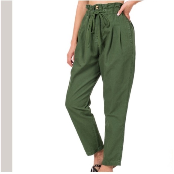 Zenana Outfitters Pants - Zenana Paperbag Waist Baggy Pants Green Autumn Winter Button Fly Boho Office XL